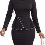 Women 2 Piece Suit Skirt Set Peplum Long Sleeve Church Dress Suit Formal Office Business Midi Pencil Skirt Suit
