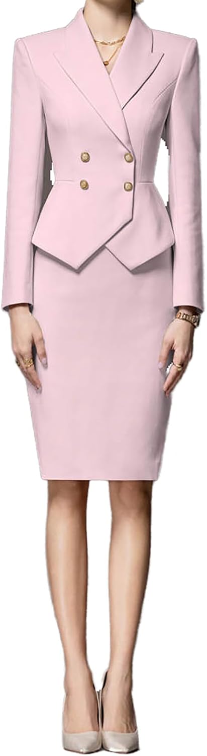 512RuiYh-2L._AC_SL1500_.jpg Women Business Suit 2 Piece Double Breasted Long Sleeve Skirt Suit Set Lady Blazer Solid Slim Fit Jacket Skirt - Image 1