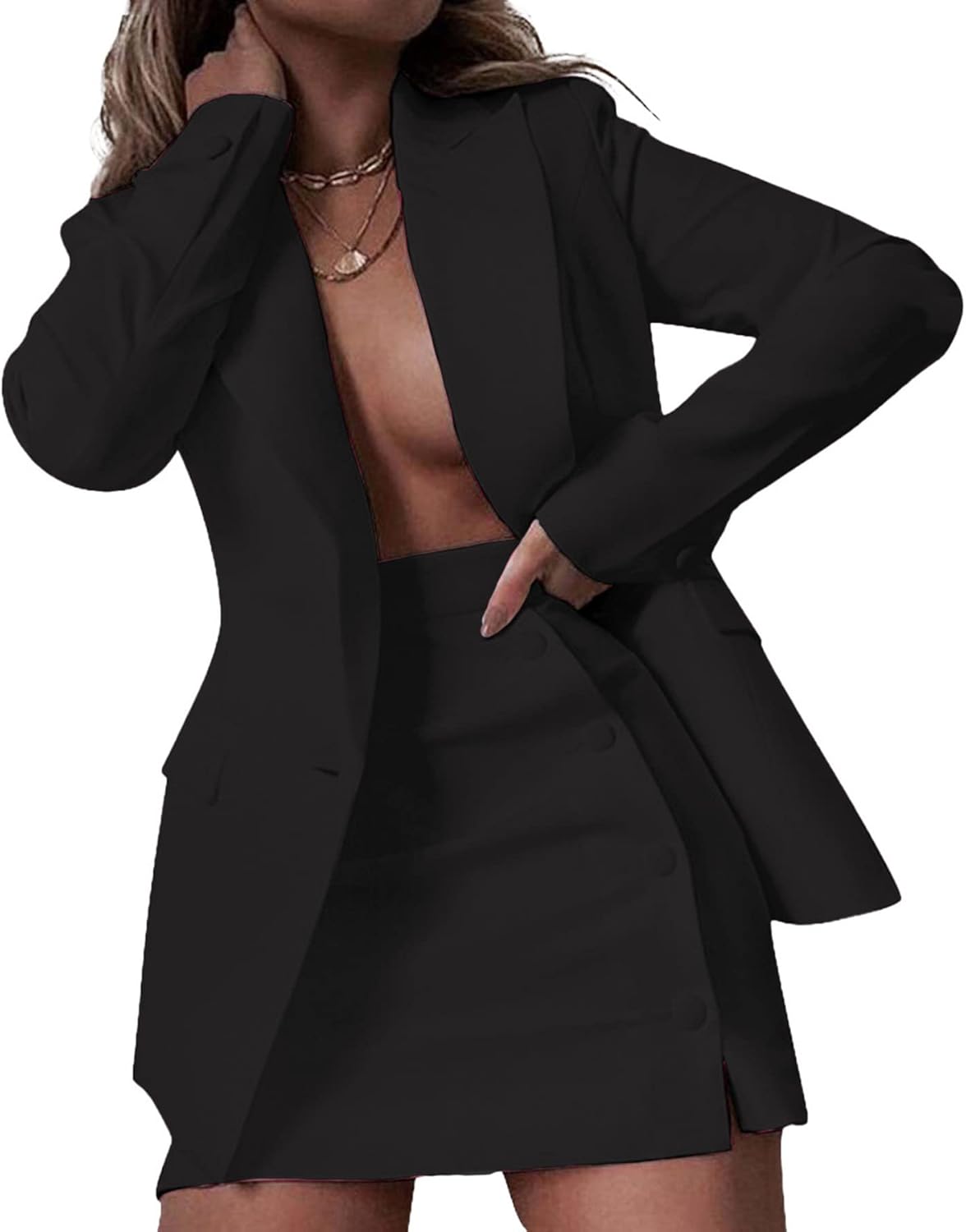 5144lsF8L._AC_SL1500_.jpg Women 2 Piece Outfits Long Sleeve Lapel Blazer and Slit Mini Skirt Suit Set Office Business Suits - Image 1