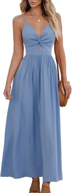 Women Casual Dress Beach Sleeveless V Neck Summer Cutout Spaghetti Straps Formal Maxi Sun Dresses