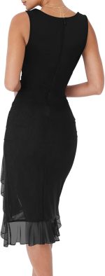 Women Sexy Ruched Bodycon Midi Dresses Square Neck Sleeveless Ruffle Hem Club Party Tank Dress - Image 2
