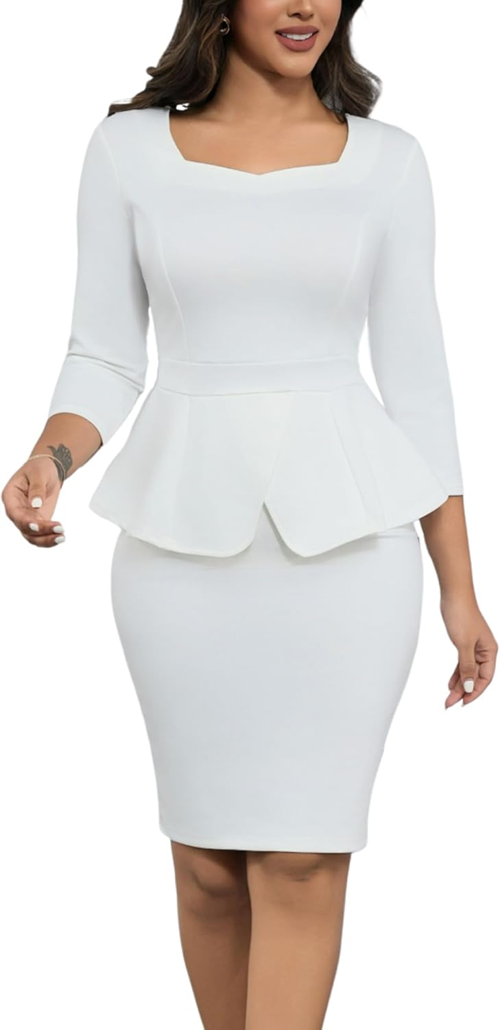51ngKTHRzVL._AC_SL1500_.jpg Women 2 Piece Suit Set Peplum 3/4 Long Sleeve Church Dress Suit Elegant Formal Office Midi Pencil Skirt Suit - Image 1