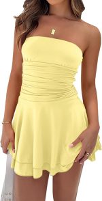 Women Sexy Tube Top Silk Dress Strapless Ruched Waist Ruffle Tiered Layer Mini Dress Party Short Dresses