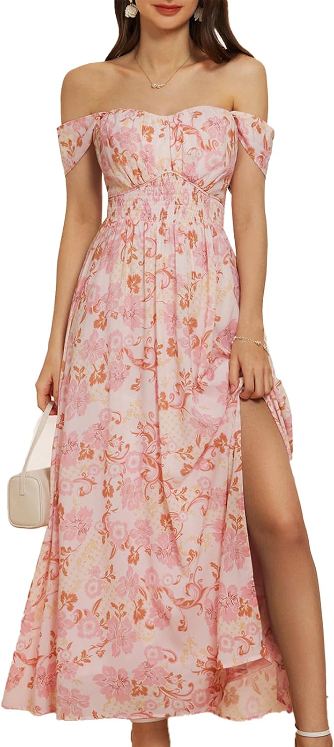 618t5nFJlsL._AC_SL1500_.jpg Women Summer Floral Print Flowy A Line Maxi Dresses Sleeveless Smocked Off Shoulder Dress - Image 1