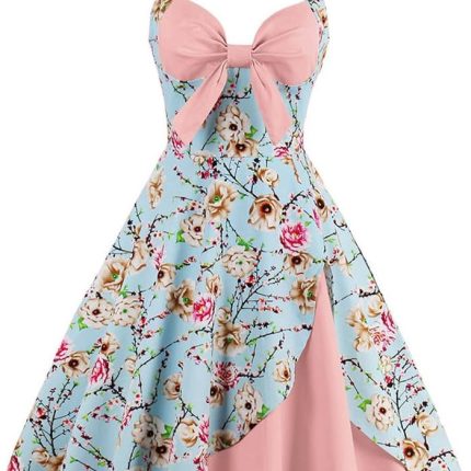 Women Vintage Polka Dot 1950s Rockabilly Halter Audrey Dress Retro Floral Evening Cocktail Swing Dress