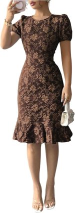 Women's Puff Sleeve Ruffle Dress Elegant Jacquard Crew Neck Bodycon Going Out Dresses