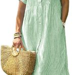 Women Summer Striped Midi Long Shirt Dress Casual Loose Short Sleeve Button Down Dress