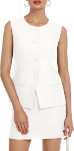 Women Two Piece Blazer Outfits Summer Skirt Set Dressy Crew Neck Button Down Vest Business Casual Suit