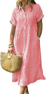 Women Summer Striped Midi Long Shirt Dress Casual Loose Short Sleeve Button Down Dress - Image 2