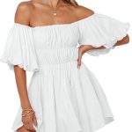 Women Off The Shoulder Summer Dresses  Short Lantern Sleeve Ruffle Elastic Waist A-Line Casual Mini Dress