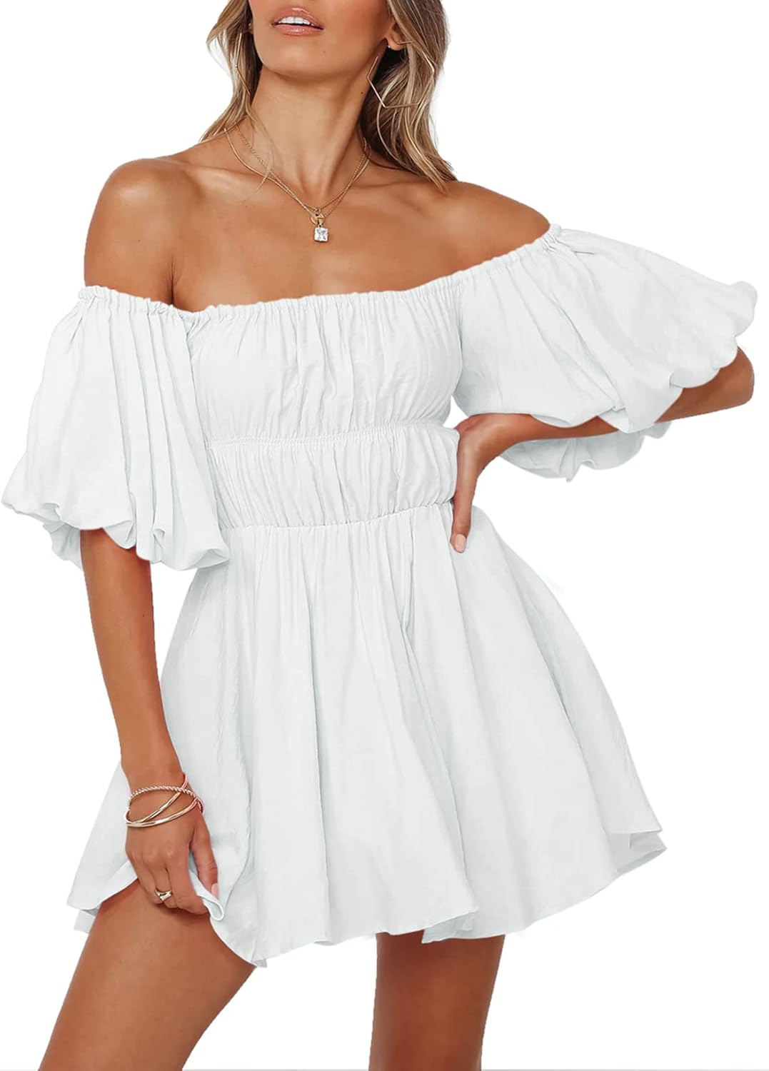 61Le8KtHqxL._AC_SL1500_.jpg Women Off The Shoulder Summer Dresses Short Lantern Sleeve Ruffle Elastic Waist A-Line Casual Mini Dress - Image 1