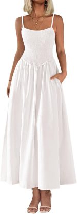 Women Smocked Maxi Dresses  Summer Beach Sundress Casual Spaghetti Strap Swing A Line Long Flowy Dress