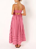 Women Striped Back Smocked Maxi Dress Sexy Spaghetti Strap Cut Out Flowy Swing Long Dress - Image 2