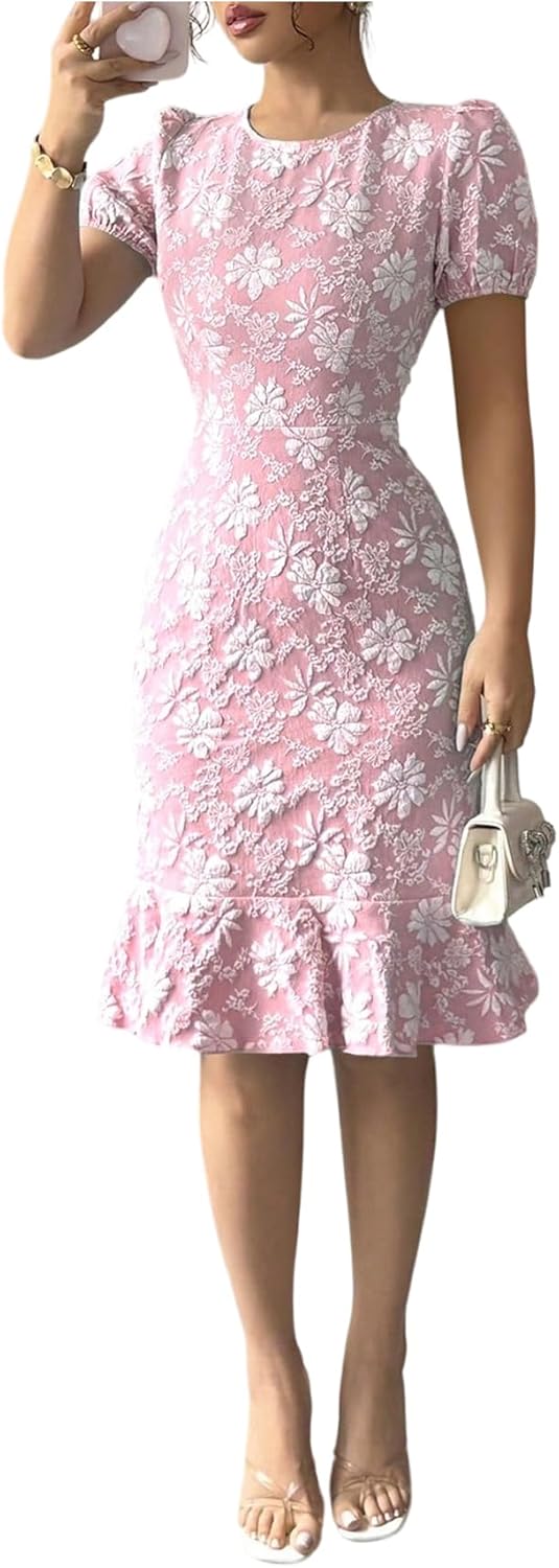 61PfOX4vquL._AC_SL1500_.jpg Women's Puff Sleeve Ruffle Dress Elegant Jacquard Crew Neck Bodycon Going Out Dresses - Image 1