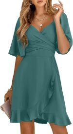 Women Wrap V Neck Short Flared Sleeve Wedding Guest Dress Smocked Elastic Waist Tiered Belted Ruffle Hem Mini Dress