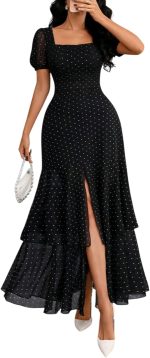 Polka Dot Dress for Women 2026 Square Neck Short Sleeve High Slit Ruffled Hem Party Wedding Guest Casual Dress