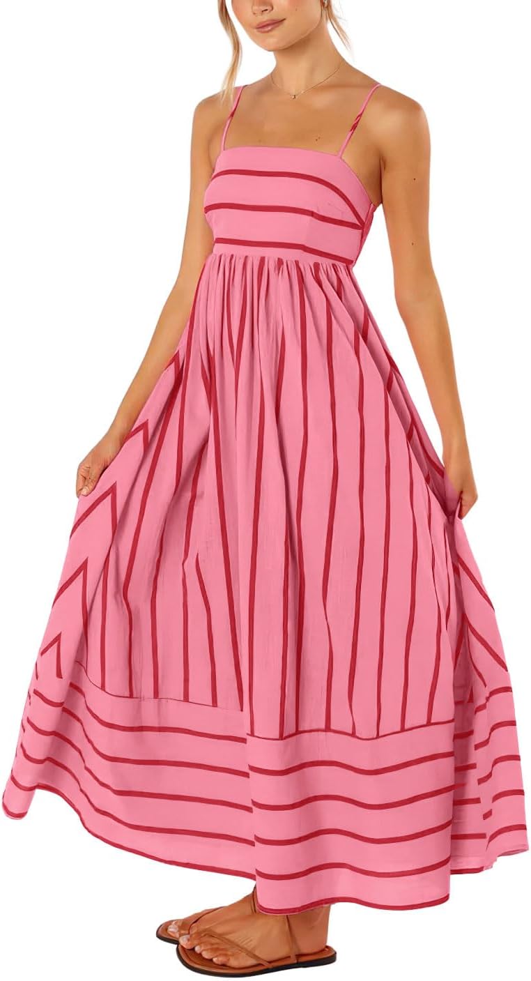 61bwVY7lHAL._AC_SL1440_.jpg Women Striped Back Smocked Maxi Dress Sexy Spaghetti Strap Cut Out Flowy Swing Long Dress - Image 1