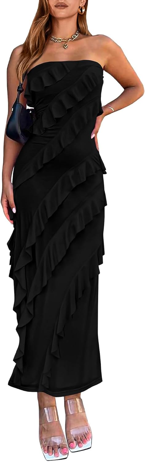 61cptP2xc5L._AC_SL1500_.jpg Women Summer Elegant Strapless Midi Ruched Bodycon Dress Solid Color Stretch Mesh Slim Party Cocktail Dresses - Image 1