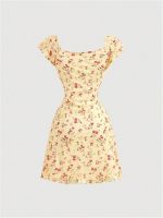 Women Vintage Floral Dress Summer Cap Sleeve Mini Dresses Going Out Beach Short Dress - Image 2