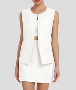 Women Two Piece Blazer Outfits Summer Skirt Set Dressy Crew Neck Button Down Vest Business Casual Suit - Image 2