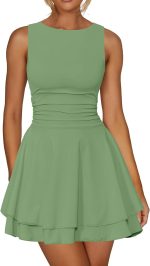 Women Ruffle Hem Boat Neck Mini Dress Sleeveless Ruched Corset Short Party Dresses