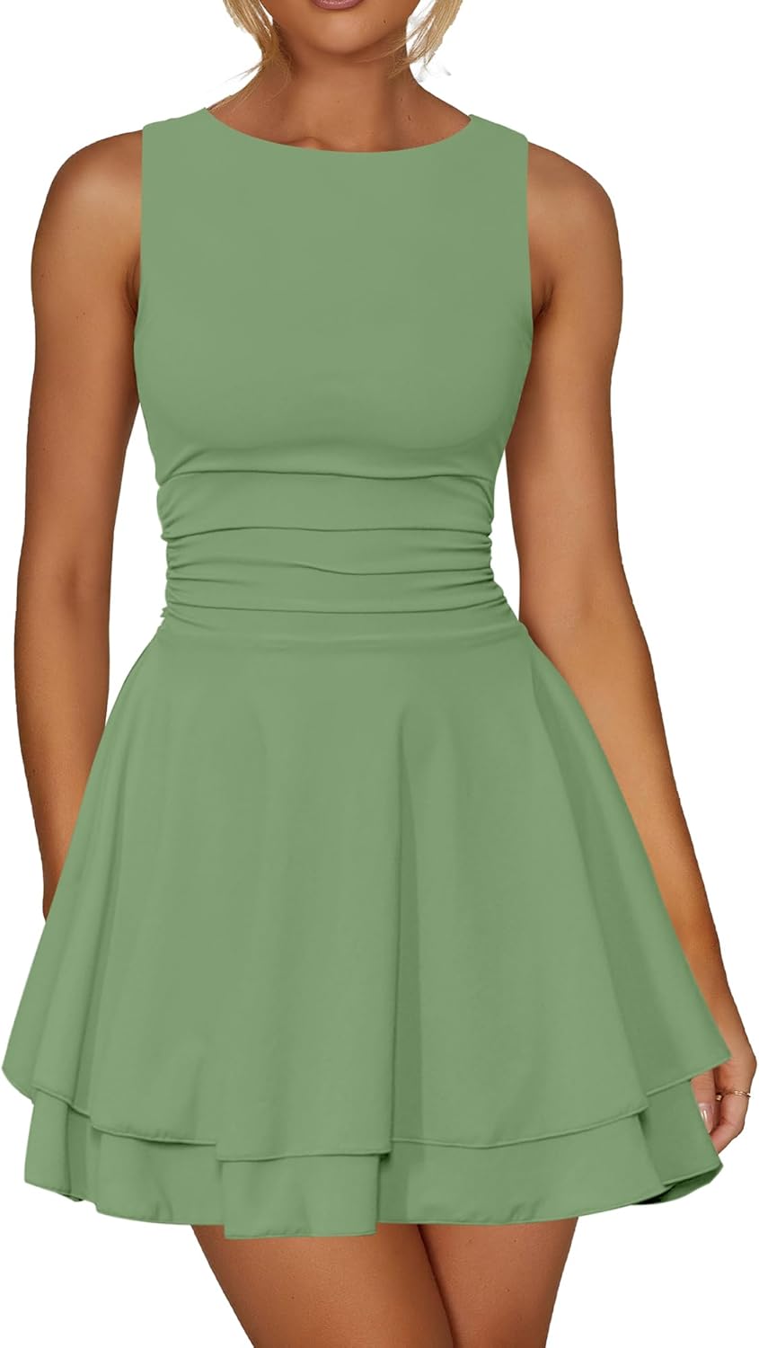 61m3OAuhm7L._AC_SL1500_.jpg Women Ruffle Hem Boat Neck Mini Dress Sleeveless Ruched Corset Short Party Dresses - Image 1