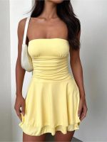 Women Sexy Tube Top Silk Dress Strapless Ruched Waist Ruffle Tiered Layer Mini Dress Party Short Dresses - Image 2