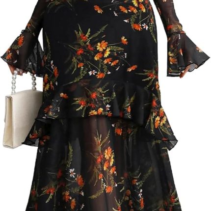 Womens Floral Maxi Dress Sheer Mesh Bell Sleeve Tiered Ruffle Gothic Romantic Casual Long Dresses