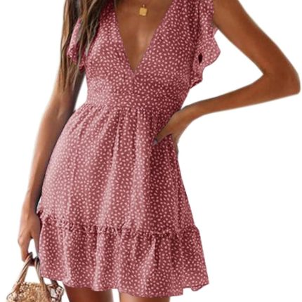 Women Floral Mini Dress Sexy V Neck Ruffle Flutter Sleeve Polka Dot Summer Dresses