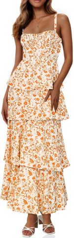 Women Floral Maxi Dresses Spaghetti Strap Casual Sleeveless Ruffle Flowy Tiered Dress