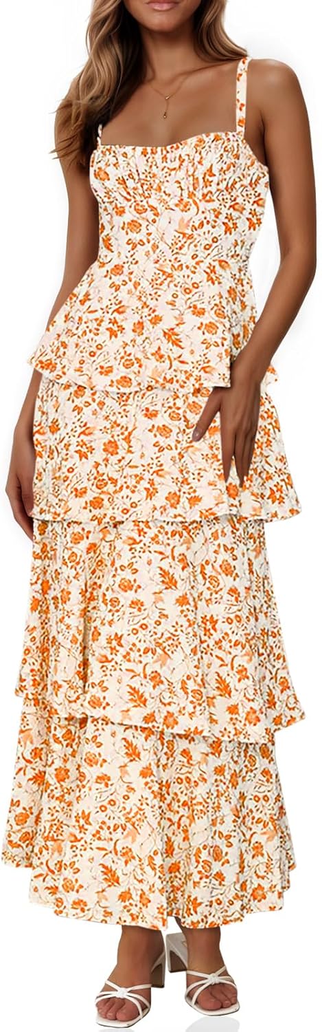 7173A1vBFeL._AC_SL1500_.jpg Women Floral Maxi Dresses Spaghetti Strap Casual Sleeveless Ruffle Flowy Tiered Dress - Image 1