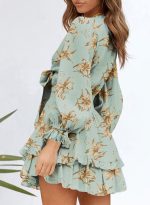 Women Casual Spring Summer  Deep V Neck Knotted Tiered Chiffon Elegant Mini Short Swing Skater Dresses - Image 2