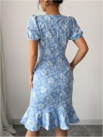 Women's Puff Sleeve Ruffle Dress Elegant Jacquard Crew Neck Bodycon Going Out Dresses - Image 2
