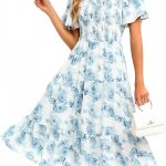 Womens Casual Floral Summer Smocked Beach Party Boho Midi Square Neck Dress