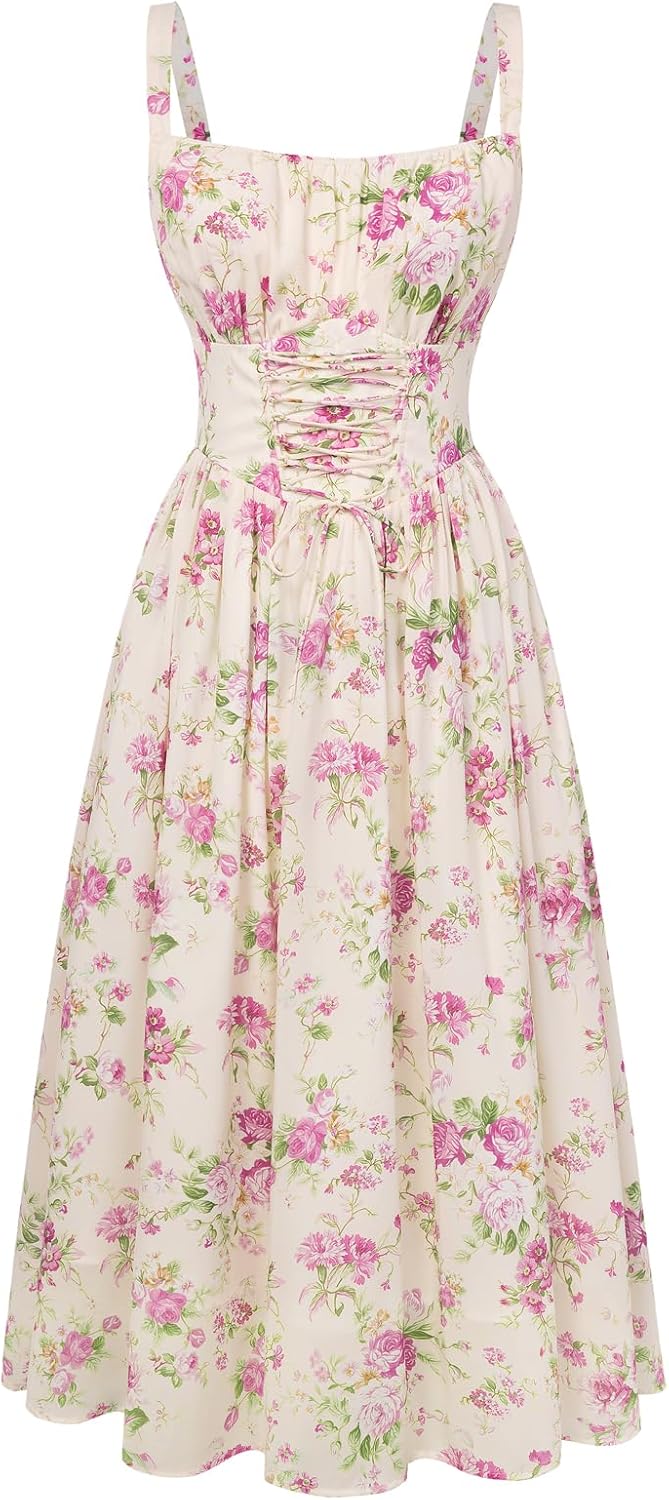 71RNFZpP5wL._AC_SL1500_.jpg Floral Dress for Women 2026 Corset Milkmaid Dresses Casual Summer Sundress with Pockets - Image 1