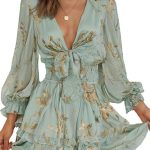 Women Casual Spring Summer  Deep V Neck Knotted Tiered Chiffon Elegant Mini Short Swing Skater Dresses