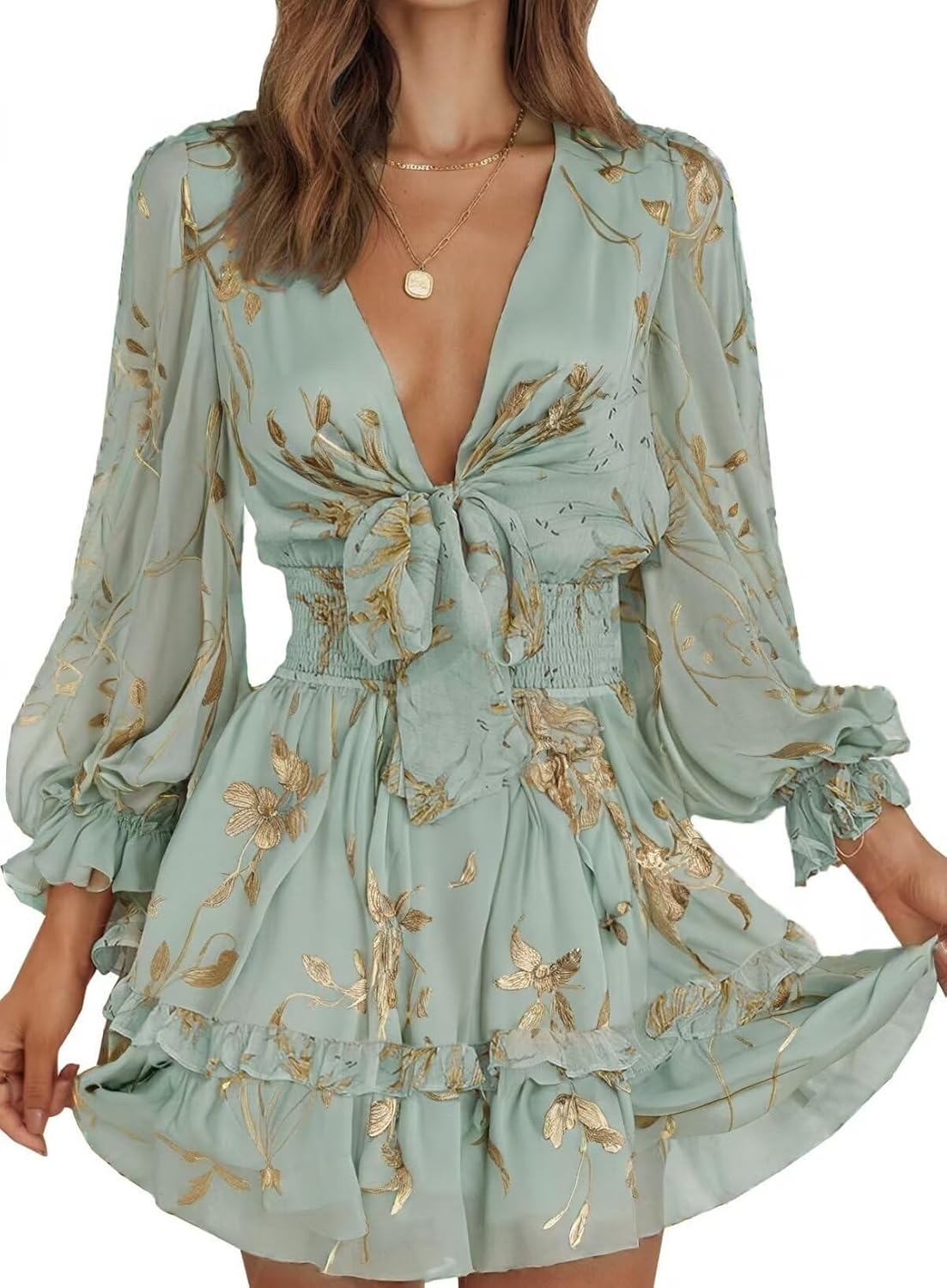 71T-NyVa5RL._AC_SL1500_.jpg Women Casual Spring Summer Deep V Neck Knotted Tiered Chiffon Elegant Mini Short Swing Skater Dresses - Image 1