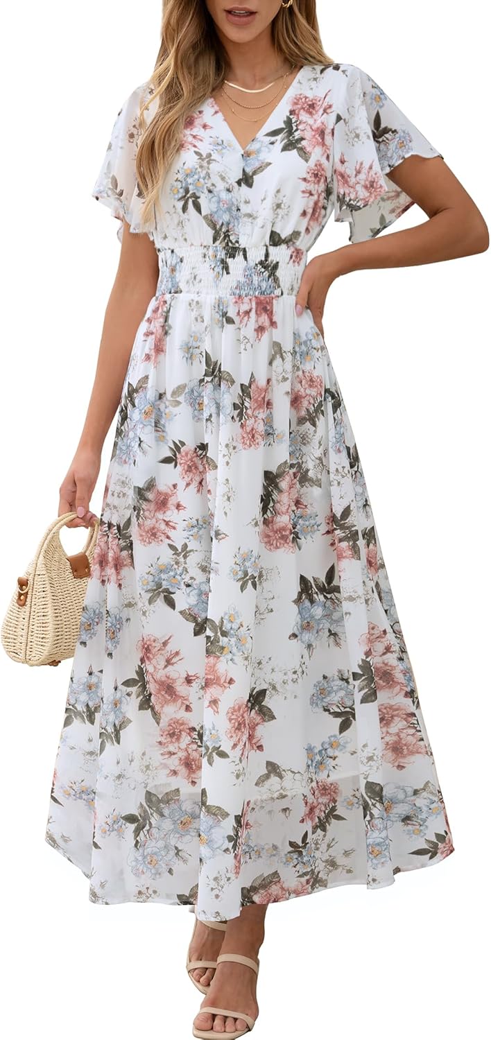 71UpnzIi18L._AC_SL1500_.jpg Women Summer Floral Maxi Dress Casual V Neck Short Sleeve Chiffon Boho Flowy Beach Wedding Guest Long Dresses - Image 1