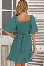 Women Wrap V Neck Short Flared Sleeve Wedding Guest Dress Smocked Elastic Waist Tiered Belted Ruffle Hem Mini Dress - Image 2
