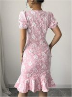Women's Puff Sleeve Ruffle Dress Elegant Jacquard Crew Neck Bodycon Going Out Dresses - Image 2