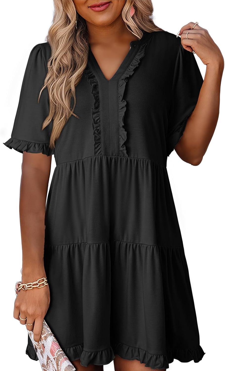 71rB5XGB9tL._AC_SL1500_.jpg o Women Dresses Summer Spring V Neck Short Sleeve Casual A Line Flowy Swing Shift Dress Mini Dress - Image 1