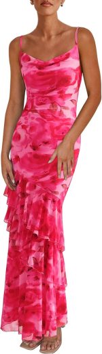 Maxi Dresses for Women  Floral Beach Sundress Spaghetti Strap Tiered Summer Wedding Guest Long Dress