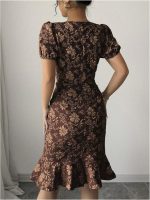 Women's Puff Sleeve Ruffle Dress Elegant Jacquard Crew Neck Bodycon Going Out Dresses - Image 2