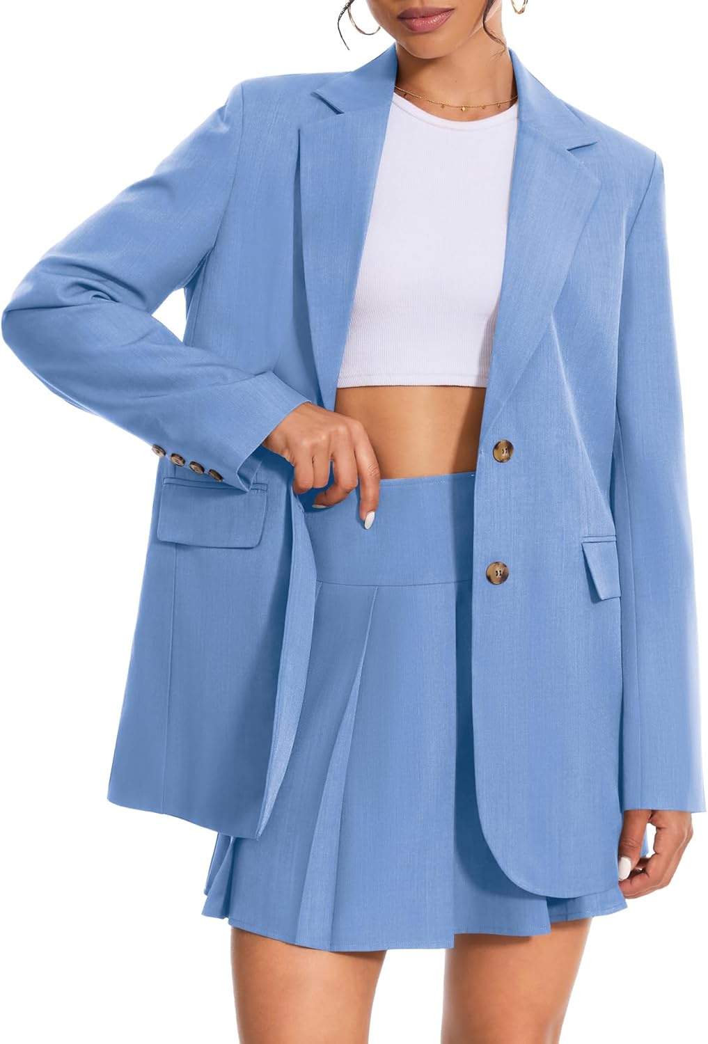 71zo2-UPw6L._AC_SL1500_.jpg Women 2 Piece Skirt Sets Business Casual Blazer Suit Mini Pleated Skorts Button Jackets Matching Outfits - Image 1