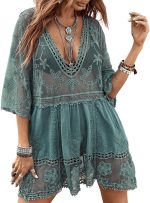 Women Contrast Lace Bathing Suit Cover Up V-Neck Swimsuit Coverups Loose Swimwear Beach Dress Beachwear