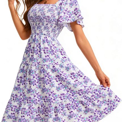 Womens Casual Floral Summer Smocked Beach Party Boho Midi Square Neck Dress