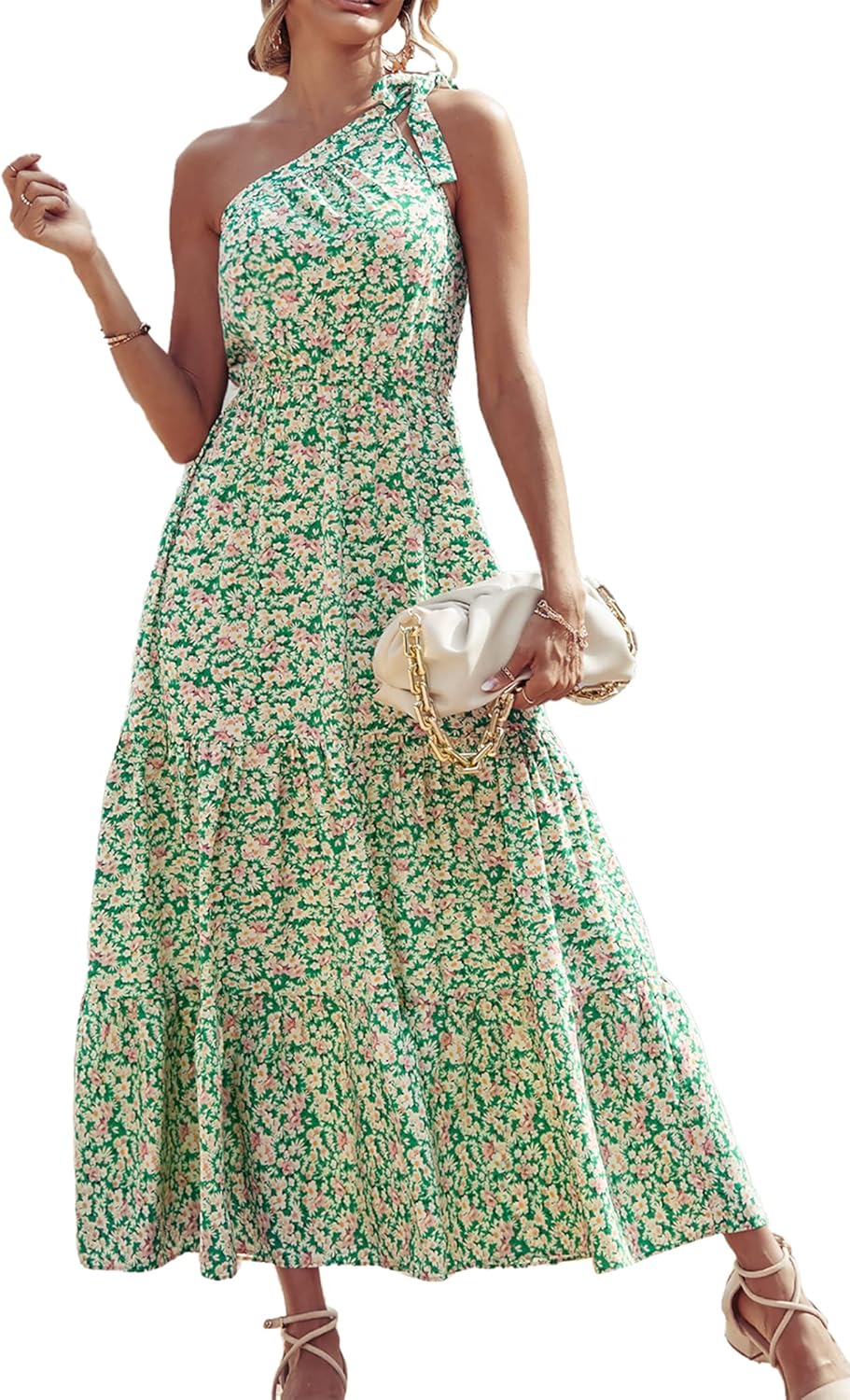 81OSEjgKkhL._AC_SL1500_.jpg Women Summer Floral One Shoulder Maxi Dress Knot Ruffle Boho Beach Vacation Wedding Guest Long Dresses - Image 1