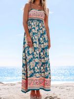 Women Maxi Dress Ditsy Floral Smocked Summer Sundress Sleeveless Ruffled Spaghetti Straps Long Beach Formal Dress - Image 2