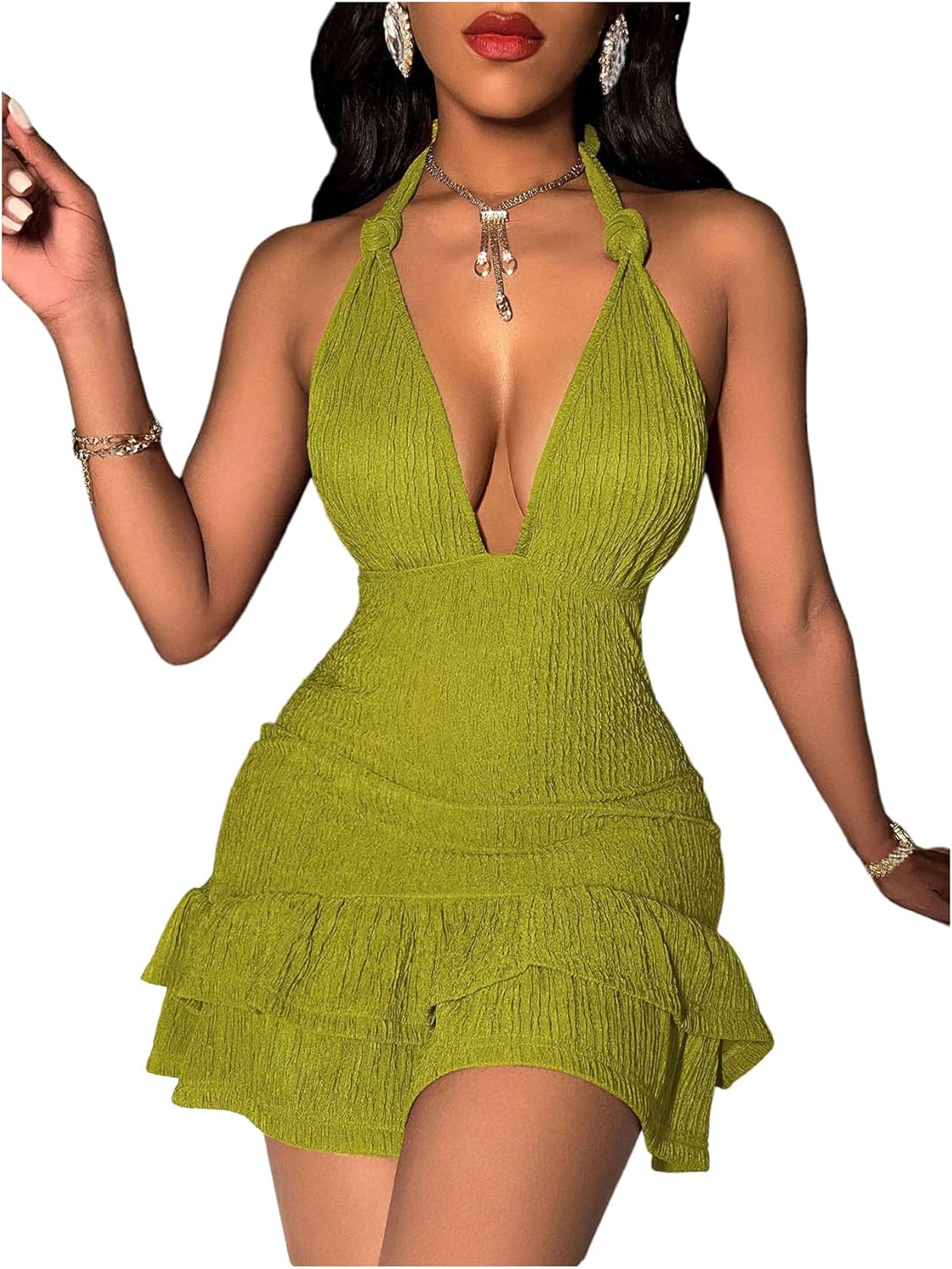 81XW4AunMtL._AC_SL1500_.jpg Women Summer Halter Bodycon Mini Dress Sexy Deep V Ruffle Party Cocktail Cami Dresses - Image 1