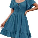 Women Summer Short Sleeve Mini Dress Off Shoulder Tie Front Smocked Babydoll Dress Flowy A Line Casual Sundress